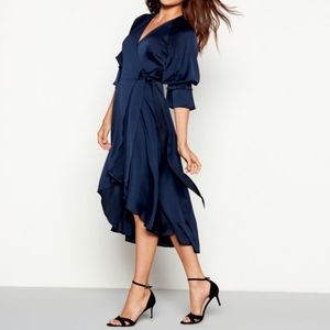 Y.A.S Navy Satin Wrap Dress Size M
